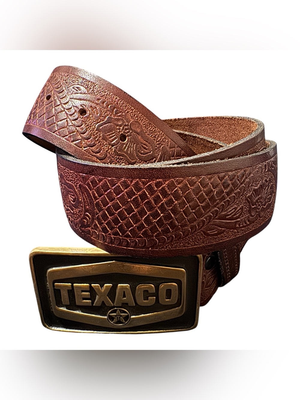 Vintage 1980 Texaco Belt Buckle Levi’s Leather Belt 38 Full Grain Cowhide USA